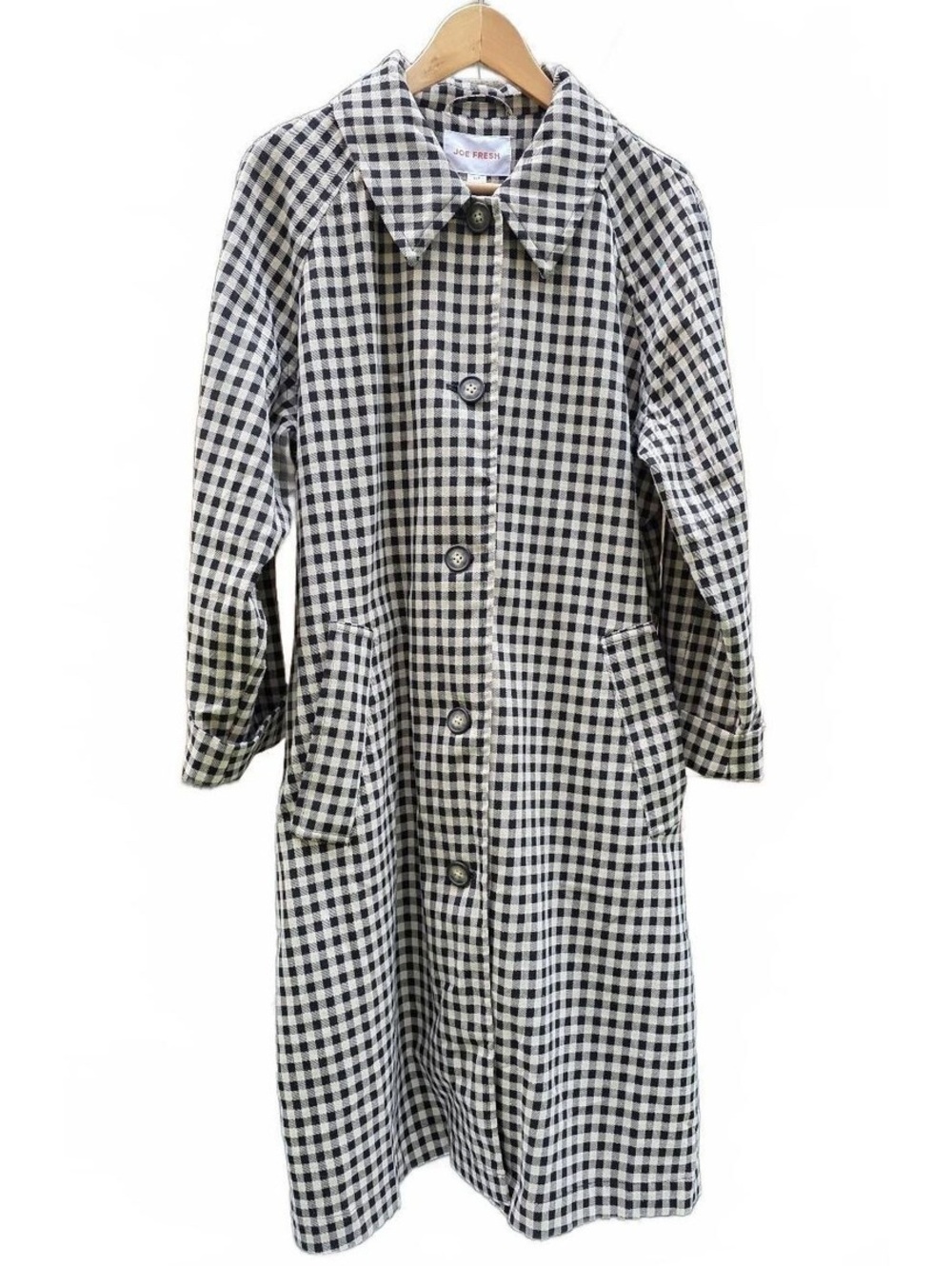 Joe Fresh Gingham Plaid Belted Trench Coat Jacket Size Lg  Black & White - Picture 6 of 12